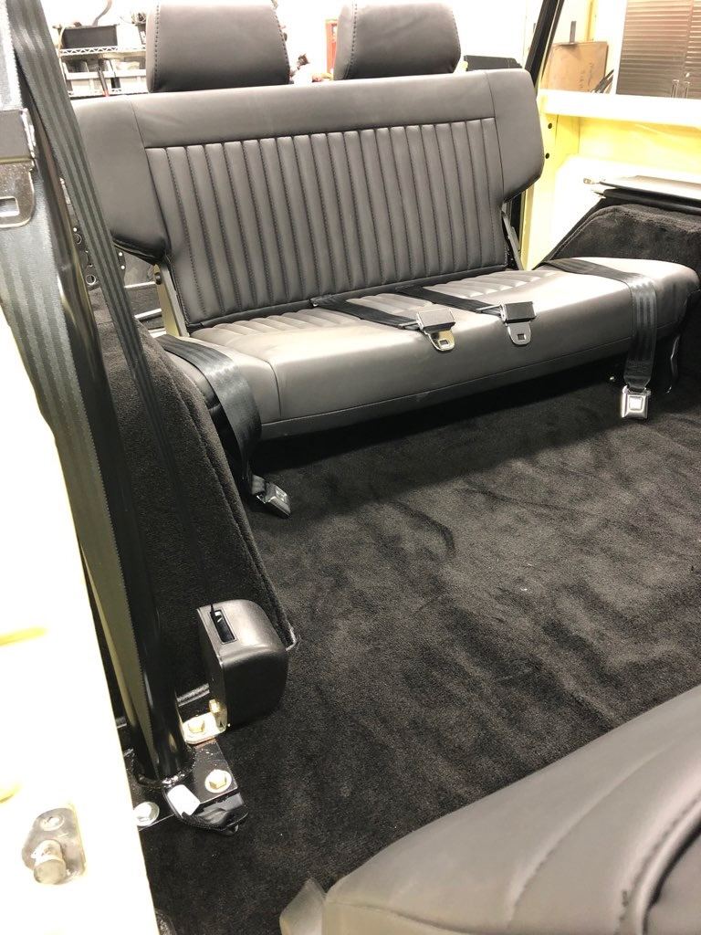 Black rear bench seat with roll cage and black carpeting